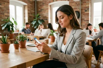 Femme réservant un poste de coworking sur son smartphone dans un espace de travail partagé à Albi