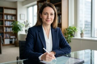 Femme professionnelle signant électroniquement un document sur tablette dans un bureau moderne, illustrant la confiance dans la signature numérique
