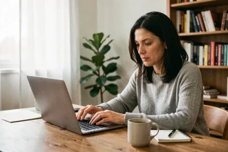 Femme en télétravail concentrée sur son ordinateur portable dans un bureau à domicile chaleureux avec des étagères et une plante verte