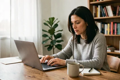 Femme en télétravail concentrée sur son ordinateur portable dans un bureau à domicile chaleureux avec des étagères et une plante verte