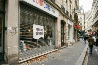 Devanture de magasin fermé définitivement avec rideau de fer baissé dans une rue commerçante française en 2026