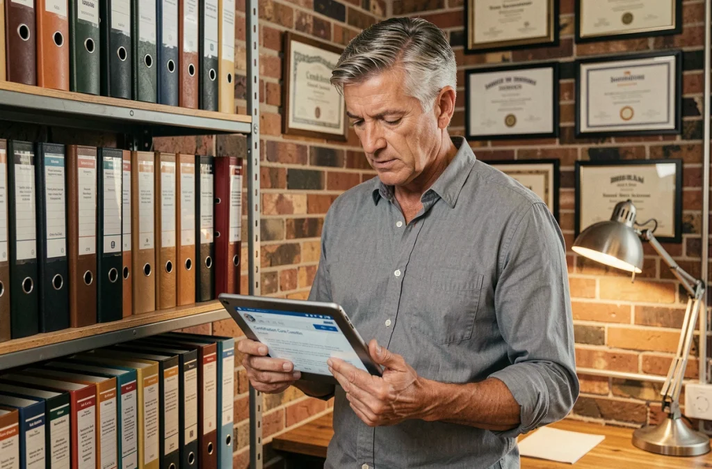 Cadre masculin expérimenté consultant une certification numérique en ligne dans un bureau professionnel au style industriel