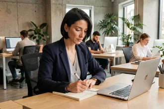 Professionnelle en formation continue prenant des notes lors d'un cours en ligne dans un espace de coworking moderne