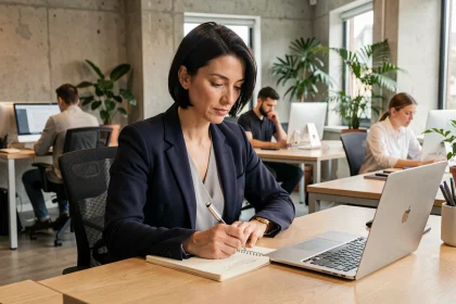 Professionnelle en formation continue prenant des notes lors d'un cours en ligne dans un espace de coworking moderne