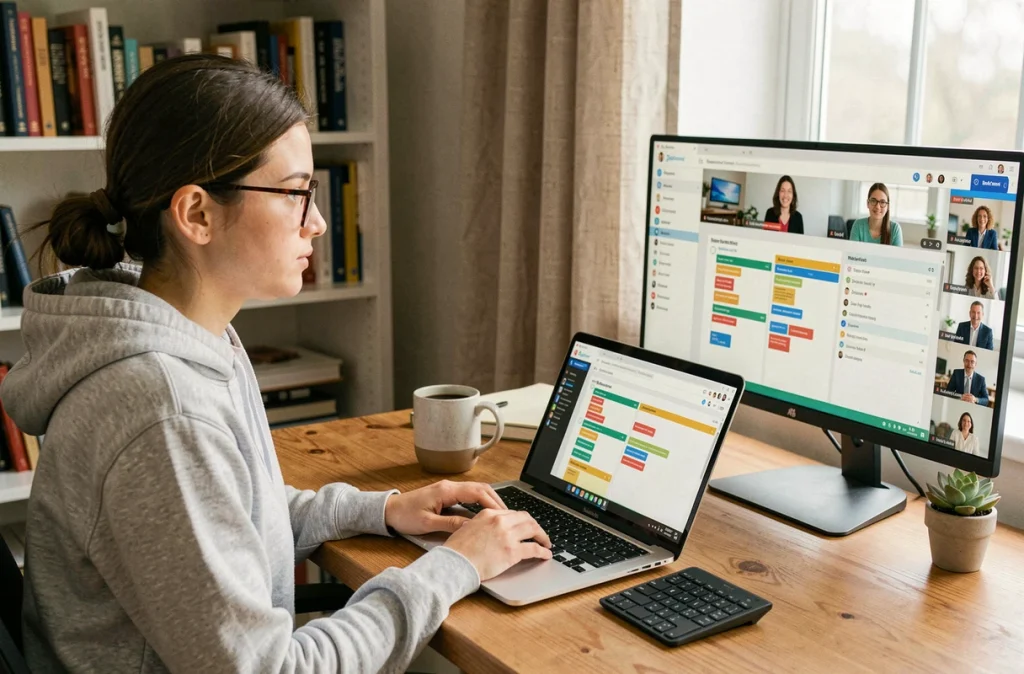 Freelance travaillant depuis chez elle avec un logiciel de coordination de projet sur ordinateur portable