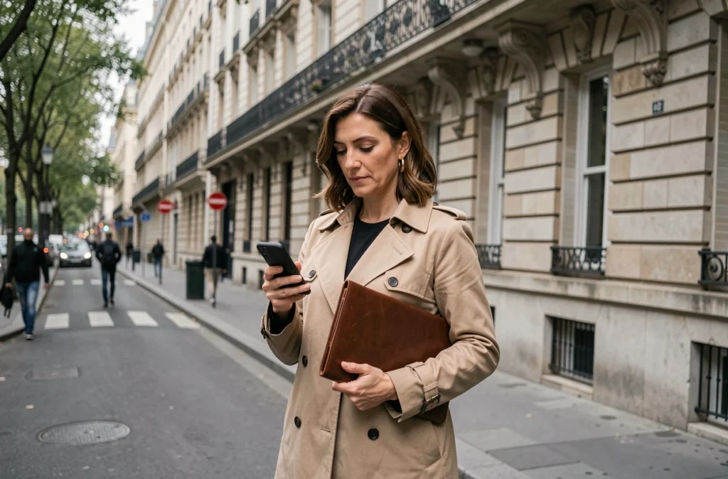 Freelance en portage salarial consultant son téléphone devant un immeuble haussmannien à Paris
