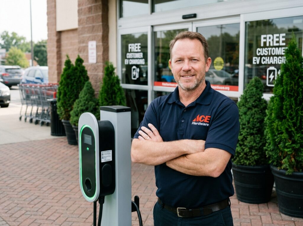 Gérant de magasin posant devant une borne de recharge pour véhicules électriques installée à l'entrée de son commerce