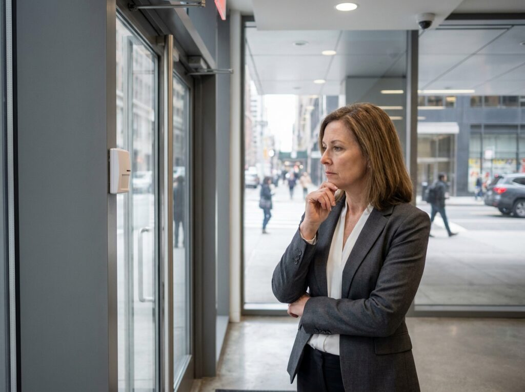 Cheffe d'entreprise inspectant un détecteur de mouvement à l'entrée sécurisée de ses locaux commerciaux