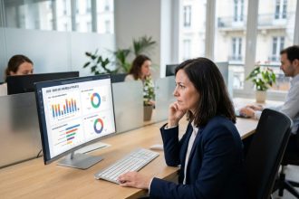 Responsable RH analysant un tableau de bord de gestion des temps sur un écran dans un bureau moderne en 2026