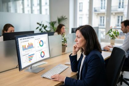 Responsable RH analysant un tableau de bord de gestion des temps sur un écran dans un bureau moderne en 2026