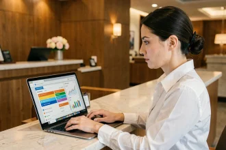 Responsable hôtelière analysant les réservations directes sur un tableau de bord de gestion en ligne à la réception d'un boutique hôtel
