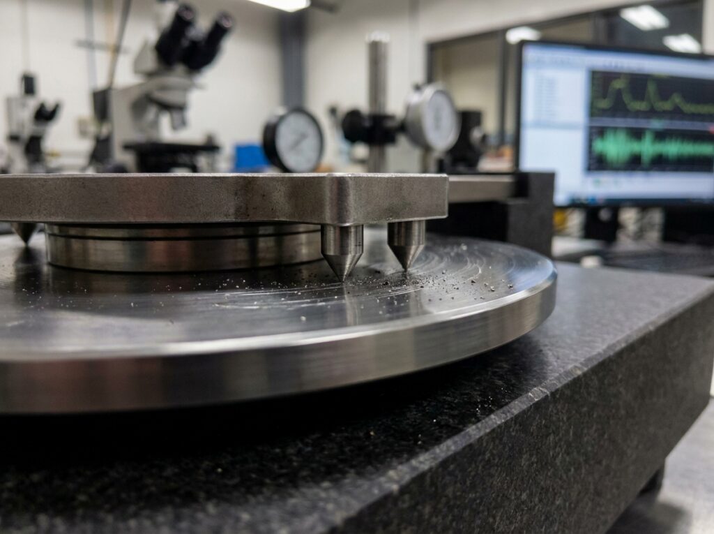 Gros plan d'un dispositif de test de frottement avec pions métalliques et disque d'usure en laboratoire
