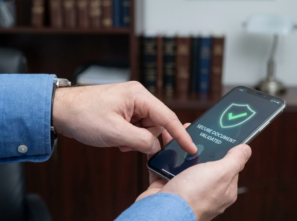 Gros plan d'une main validant une signature électronique sur smartphone avec interface de sécurité, dans un contexte de transaction officielle chez un notaire