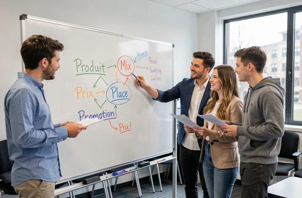 Groupe d'étudiants en marketing corrigeant des erreurs sur un tableau blanc avec un schéma des 4P du marketing mix
