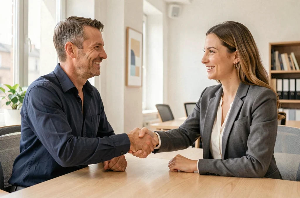 Recruteur accueillant chaleureusement une candidate dans les bureaux de Happy to meet you à Brest