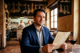 Homme d'affaires en déplacement consultant la carte d'un restaurant italien traditionnel