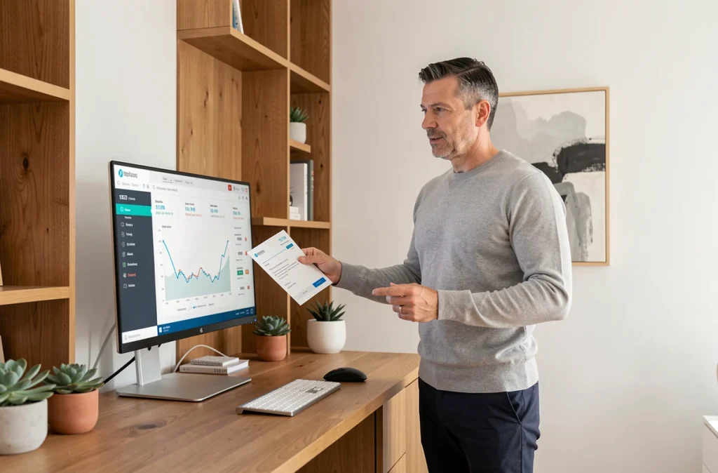 Homme consultant un bulletin de paie imprimé comparé à un tableau de bord numérique de gestion salariale dans un bureau à domicile