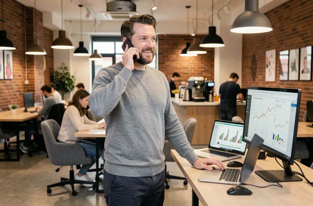 Homme en télétravail debout à un bureau réglable dans un coworking professionnel de Lyon Part-Dieu