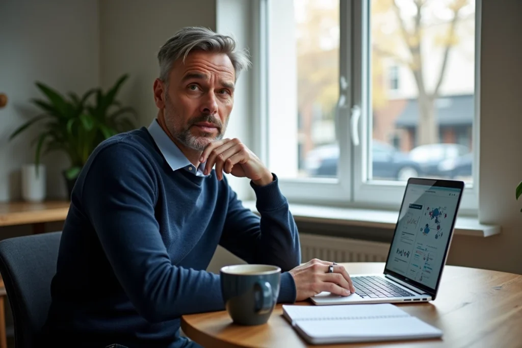 Homme débutant en business intelligence consultant un tutoriel BI sur son ordinateur portable à la maison
