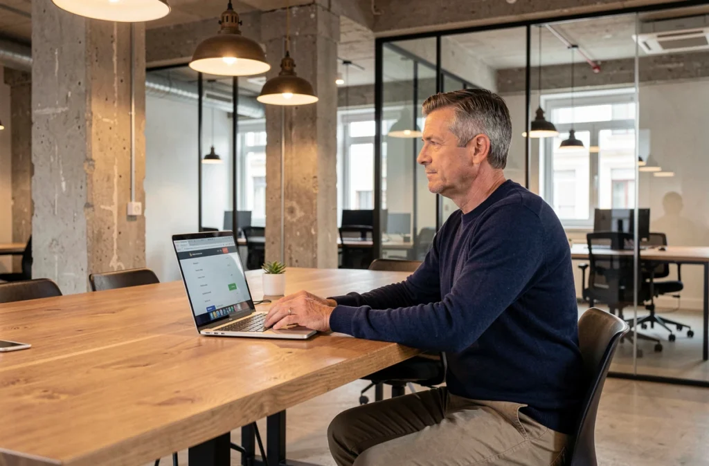Homme consultant un site de réservation de bureau partagé sur son ordinateur portable dans un coworking moderne