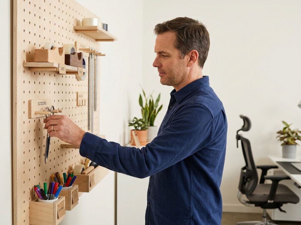 Homme rangeant des fournitures de bureau sur un tableau mural pegboard en bouleau dans un bureau professionnel