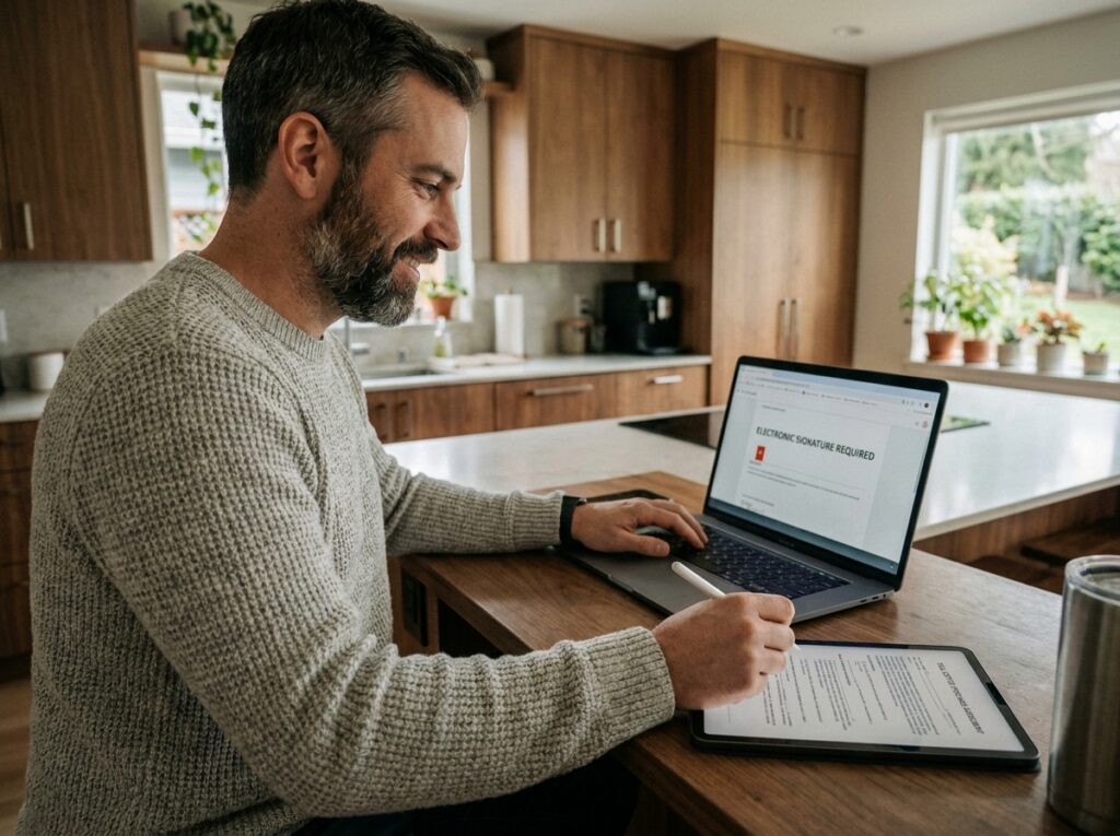 Homme signant électroniquement un contrat immobilier sur ordinateur portable depuis son domicile, symbolisant la sécurité des transactions numériques importantes