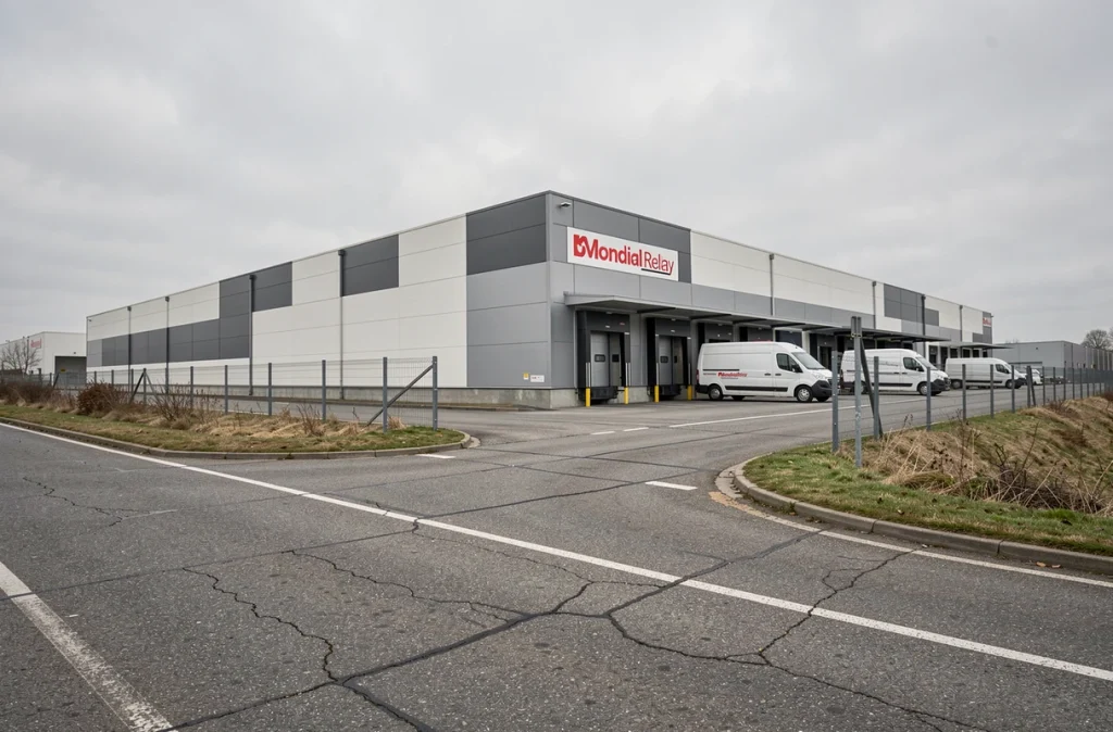 Vue extérieure du hub logistique Mondial Relay dans la zone industrielle de Harnes, Pas-de-Calais