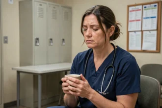 Infirmière en pause dans une salle de repos d'hôpital après un long quart de travail de 12 heures