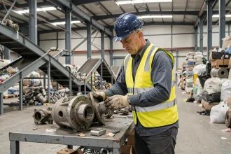 Ingénieur industriel inspectant des pièces recyclées dans une usine d'économie circulaire