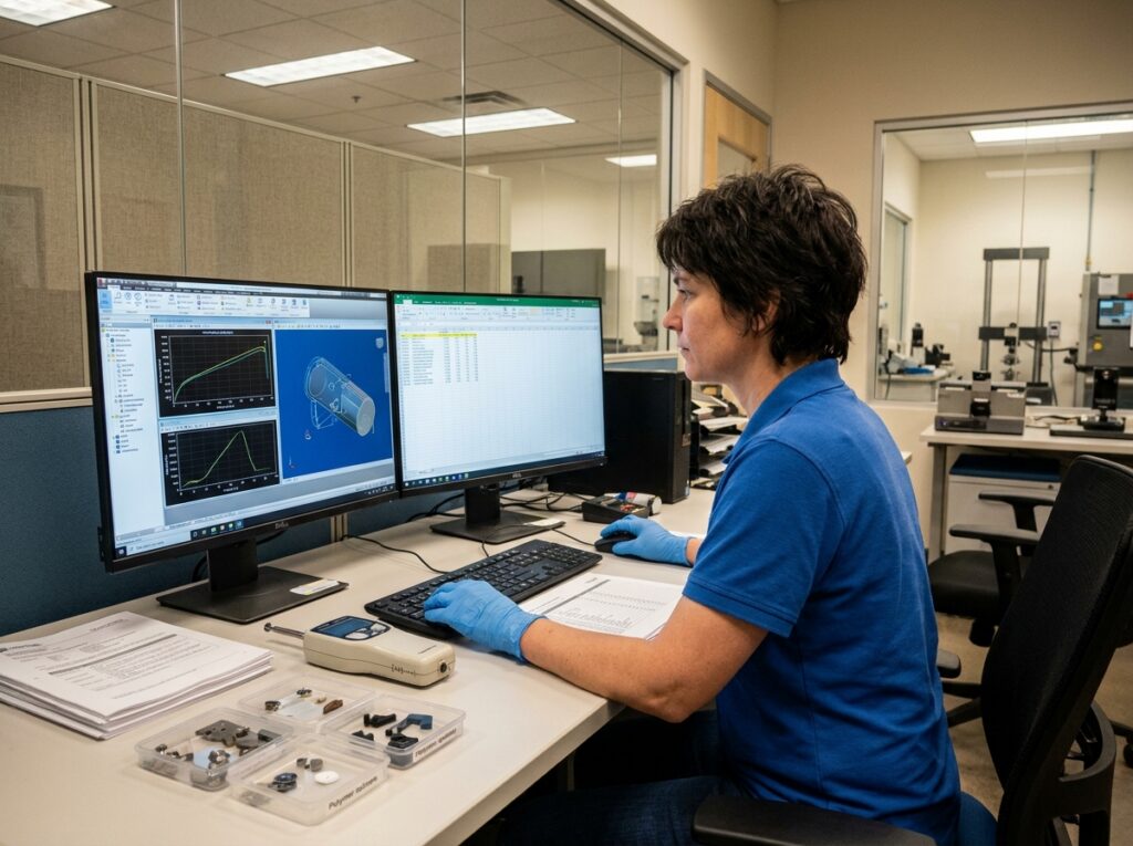 Ingénieure analysant des données d'essais de frottement sur ordinateur dans un bureau de R&D industriel