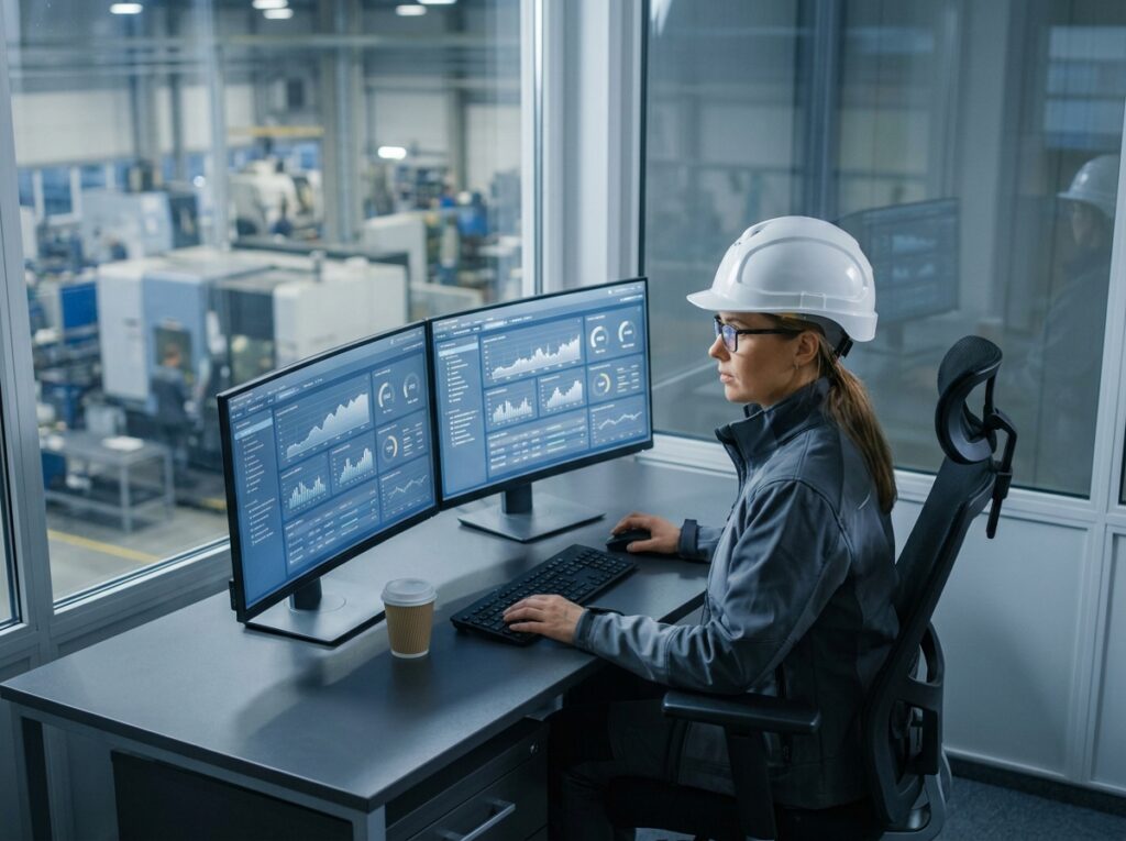 Ingénieure analysant des tableaux de bord de production en temps réel dans une salle de contrôle avec vue sur l'atelier automatisé