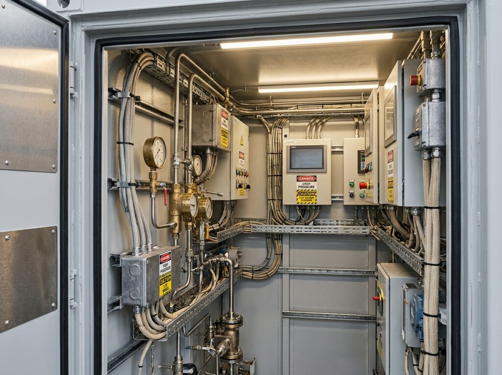 Intérieur d'un container industriel technique avec tuyauteries, manomètres et tableau de contrôle