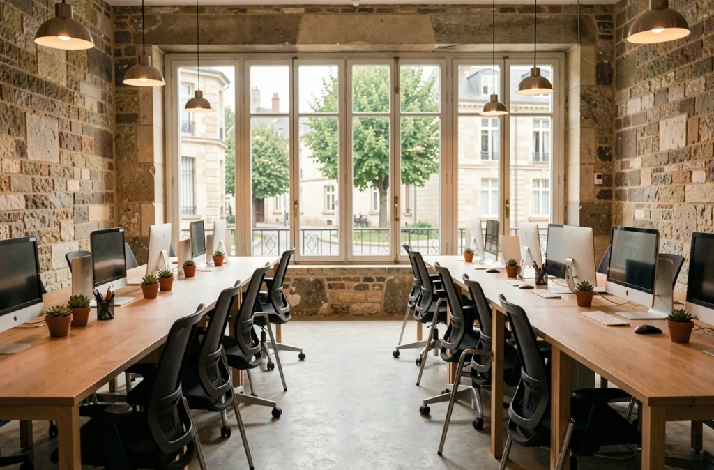Intérieur vide d'un espace de coworking moderne dans un bâtiment rénové à Rambouillet avec vue sur la rue