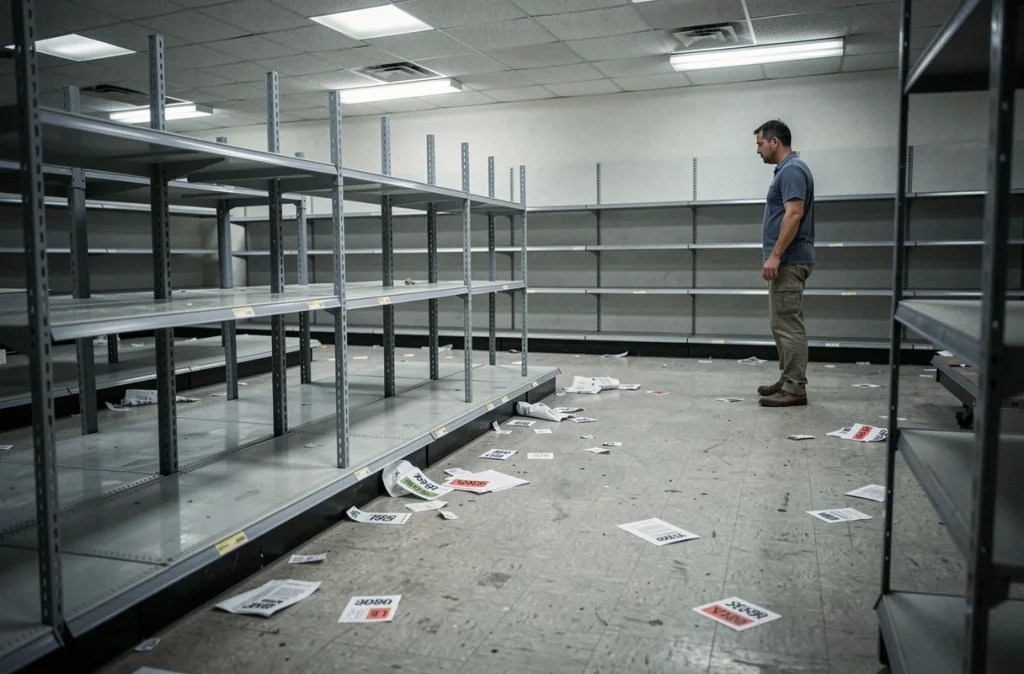 Intérieur vide d'un magasin en liquidation avec rayonnages démontés et employé en train de ranger les derniers articles