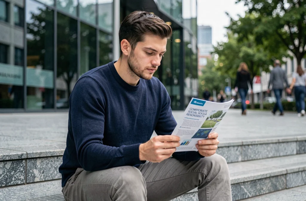 Jeune diplômé consultant un document sur la responsabilité sociale des entreprises devant un immeuble de bureaux moderne en milieu urbain