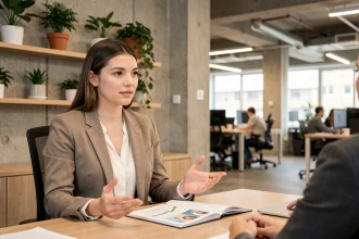 Jeune diplômée en entretien d'embauche discutant de l'engagement social d'une entreprise avec un recruteur dans un bureau moderne