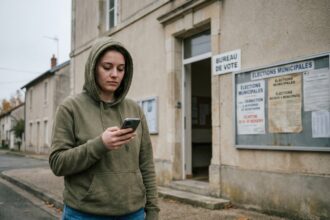 Jeune femme indifférente regardant son téléphone devant un bureau de vote lors d'élections locales