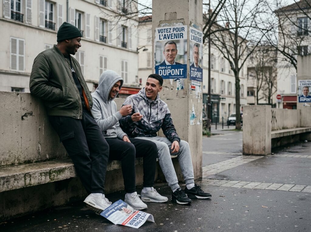 Groupe de jeunes hommes discutant dans un quartier urbain, ignorant les affiches de campagne électorale locale