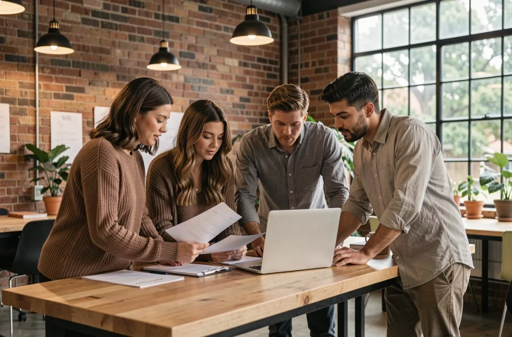 Groupe de jeunes diplômés collaborant autour d'un bureau dans un espace de co-working moderne, illustrant les nouvelles attentes professionnelles