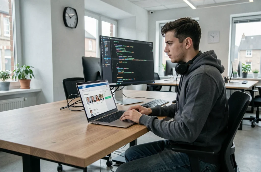 Ingénieur tech utilisant la plateforme de recrutement Kicklox depuis un espace de travail moderne à Quimper