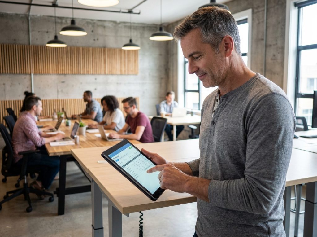 Manager debout consultant une feuille de temps numérique sur tablette dans un espace de travail hybride
