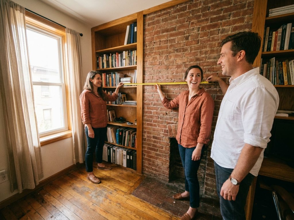 Deux collègues mesurant un espace de bureau à domicile avant de choisir un nouveau mobilier adapté