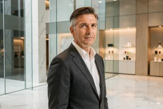 PDG de l'industrie cosmétique en costume gris anthracite dans le hall moderne d'un siège social, évoquant leadership et innovation beauté