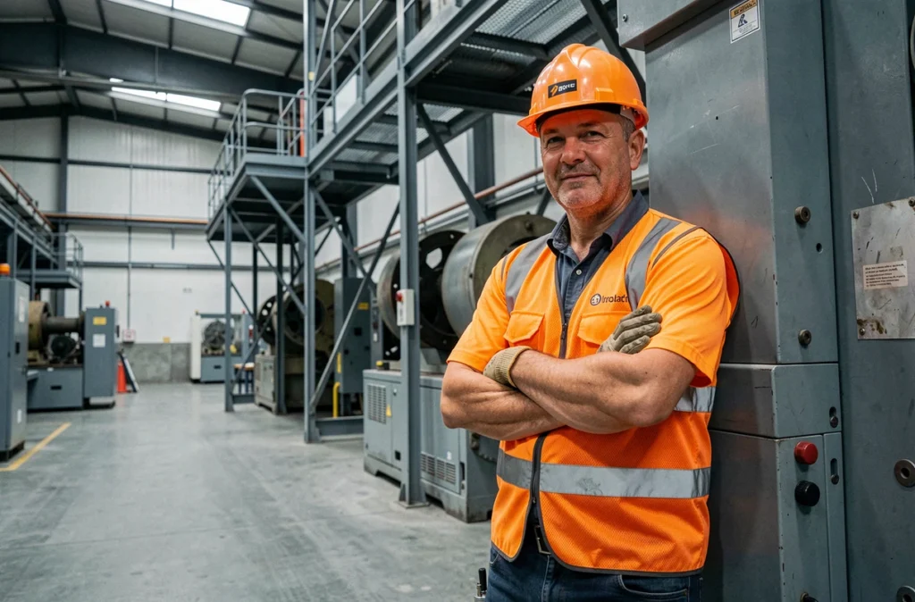 Ouvrier d'usine en fin de poste de 12 heures appuyé contre une machine industrielle