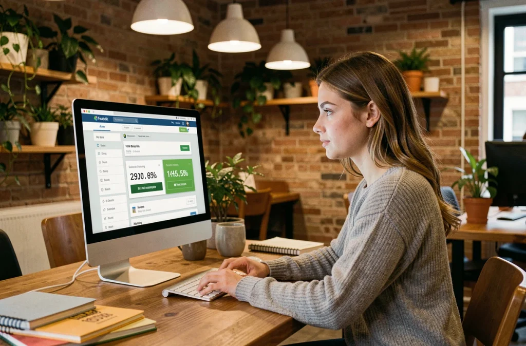 Professionnelle du secteur hôtelier consultant une plateforme de gestion des réservations directes dans un espace de travail moderne
