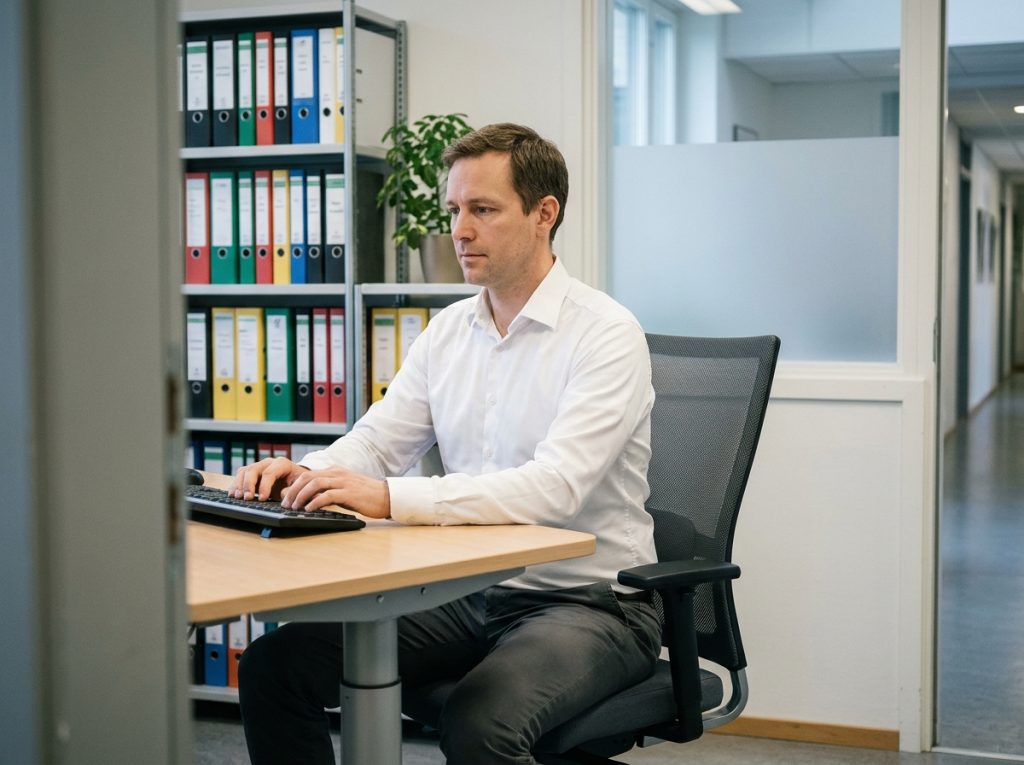 Fonctionnaire travaillant sur un poste de travail ergonomique et abordable dans un petit bureau administratif
