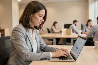 Femme professionnelle effectuant sa première connexion sur un logiciel de gestion municipale depuis un poste de travail en bureau