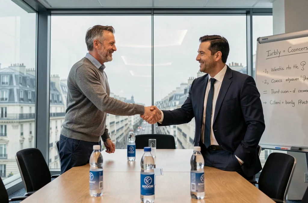 Professionnel en portage salarial signant un accord commercial avec un client dans une salle de réunion parisienne