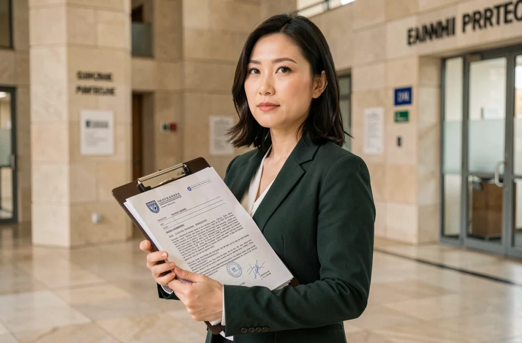 Professionnelle en portage salarial avec dossier de titre de séjour devant une préfecture française