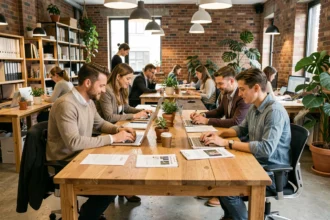 Groupe de professionnels travaillant ensemble dans un espace de bureaux partagés moderne avec des murs en briques apparentes